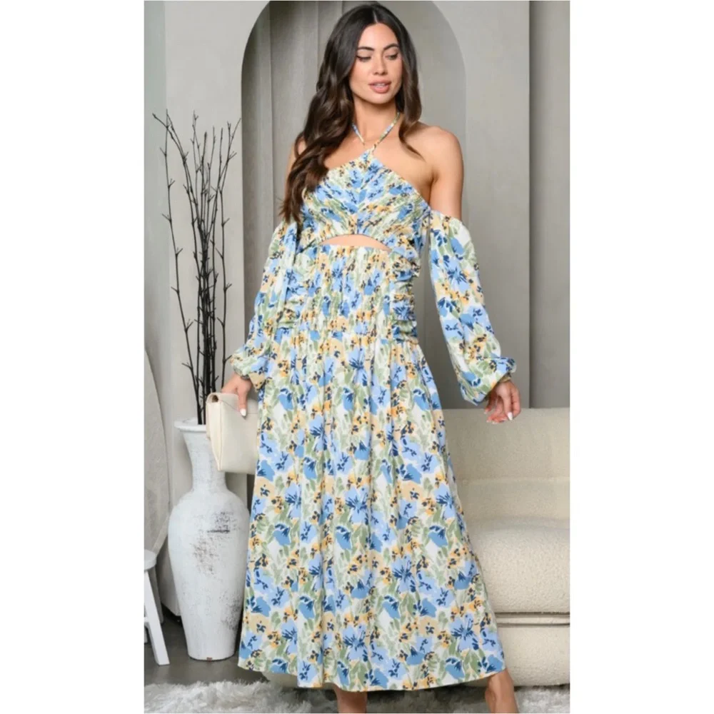 🆕 ICE BLUE COLD SHOULDER HALTER NECK FLORAL MAXI DRESS - Picture 2 of 3